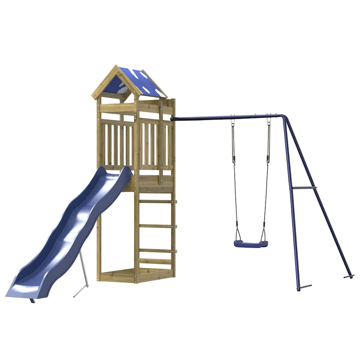 Holzspielturm mit Rutsche und Schaukel