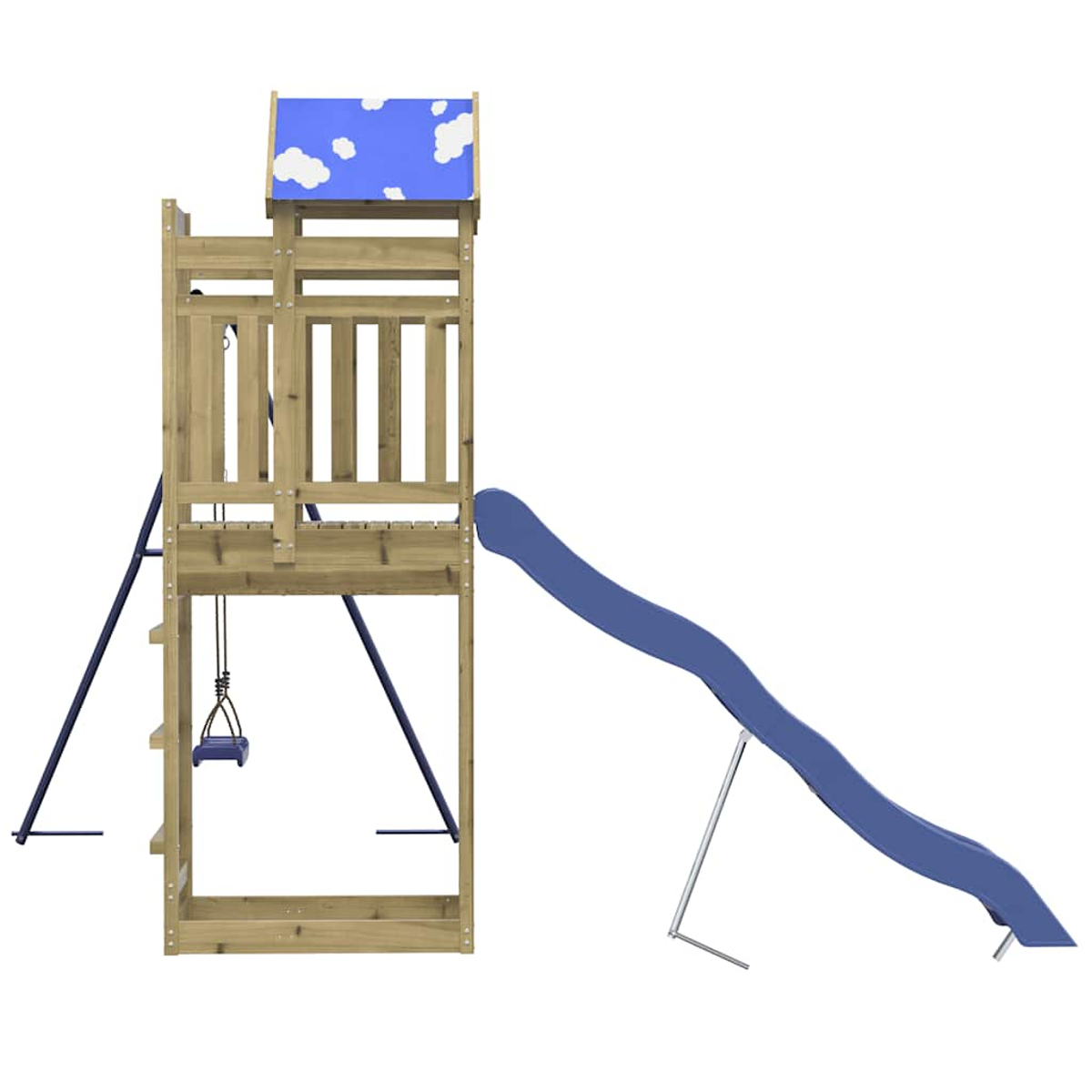 Holzspielturm mit blauer Rutsche und Schaukel, Dach mit Wolkenmotiv.