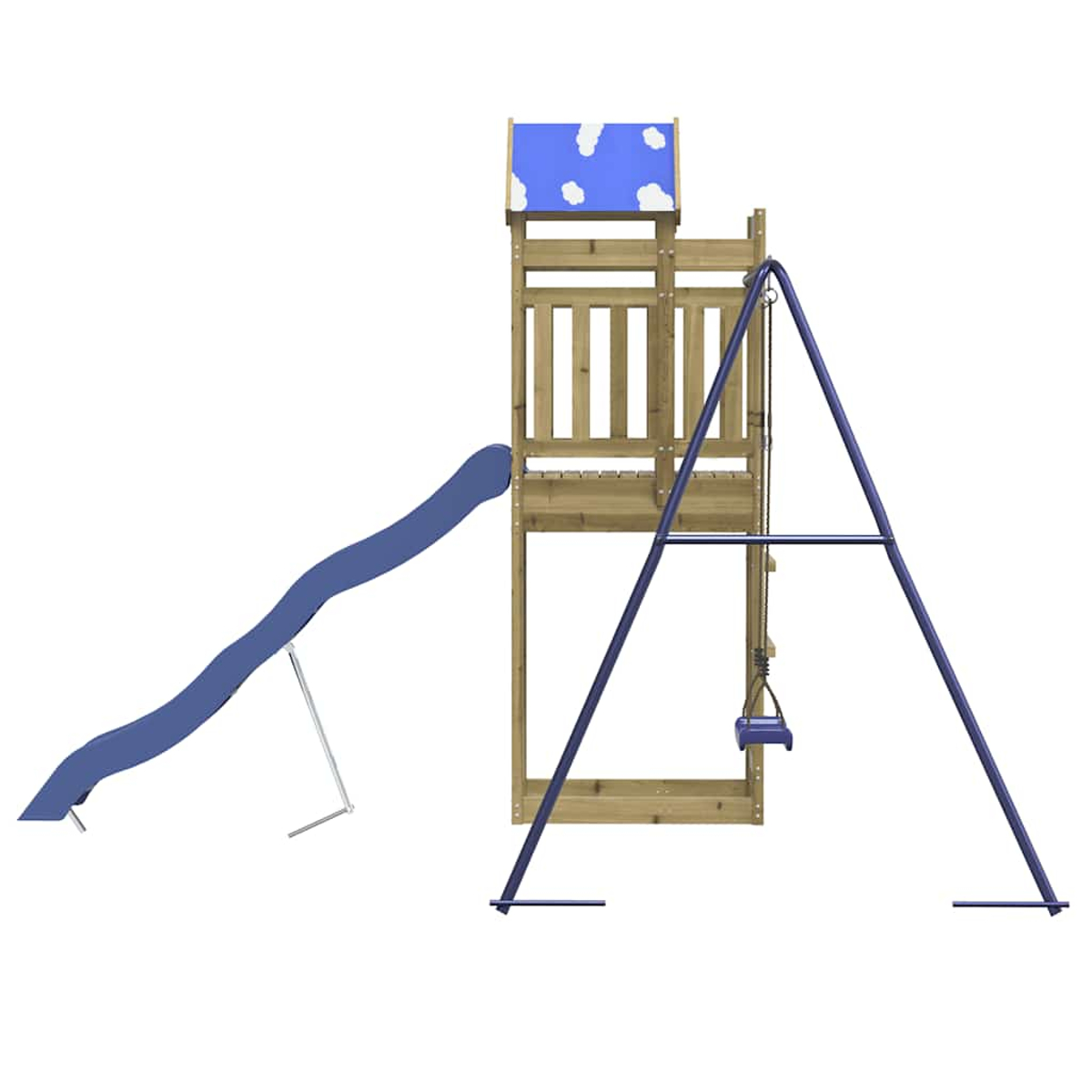 Holzspielturm mit blauer Rutsche und Schaukel.