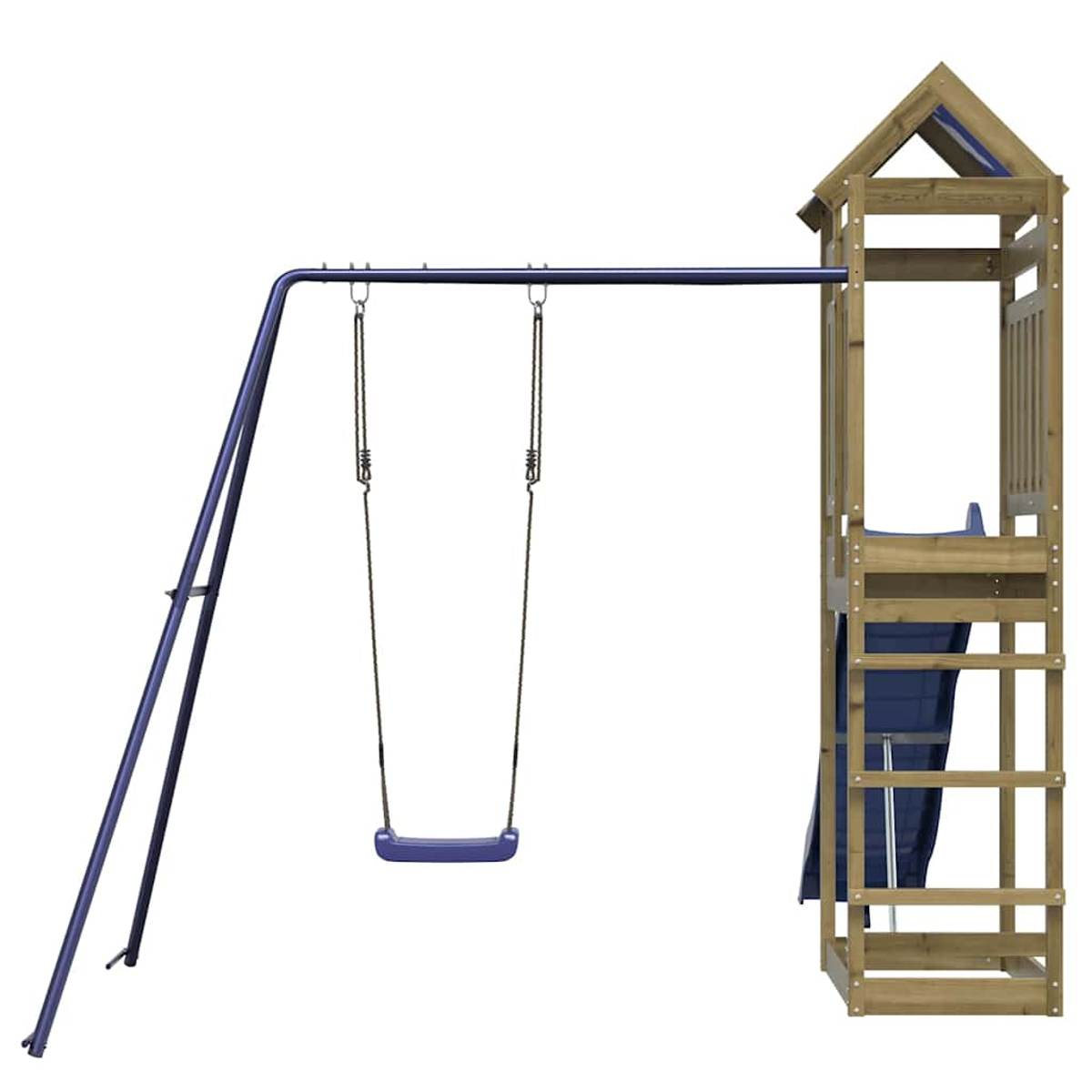 Holz-Spielturm mit Rutsche und blauer Schaukel, weißem Hintergrund.
