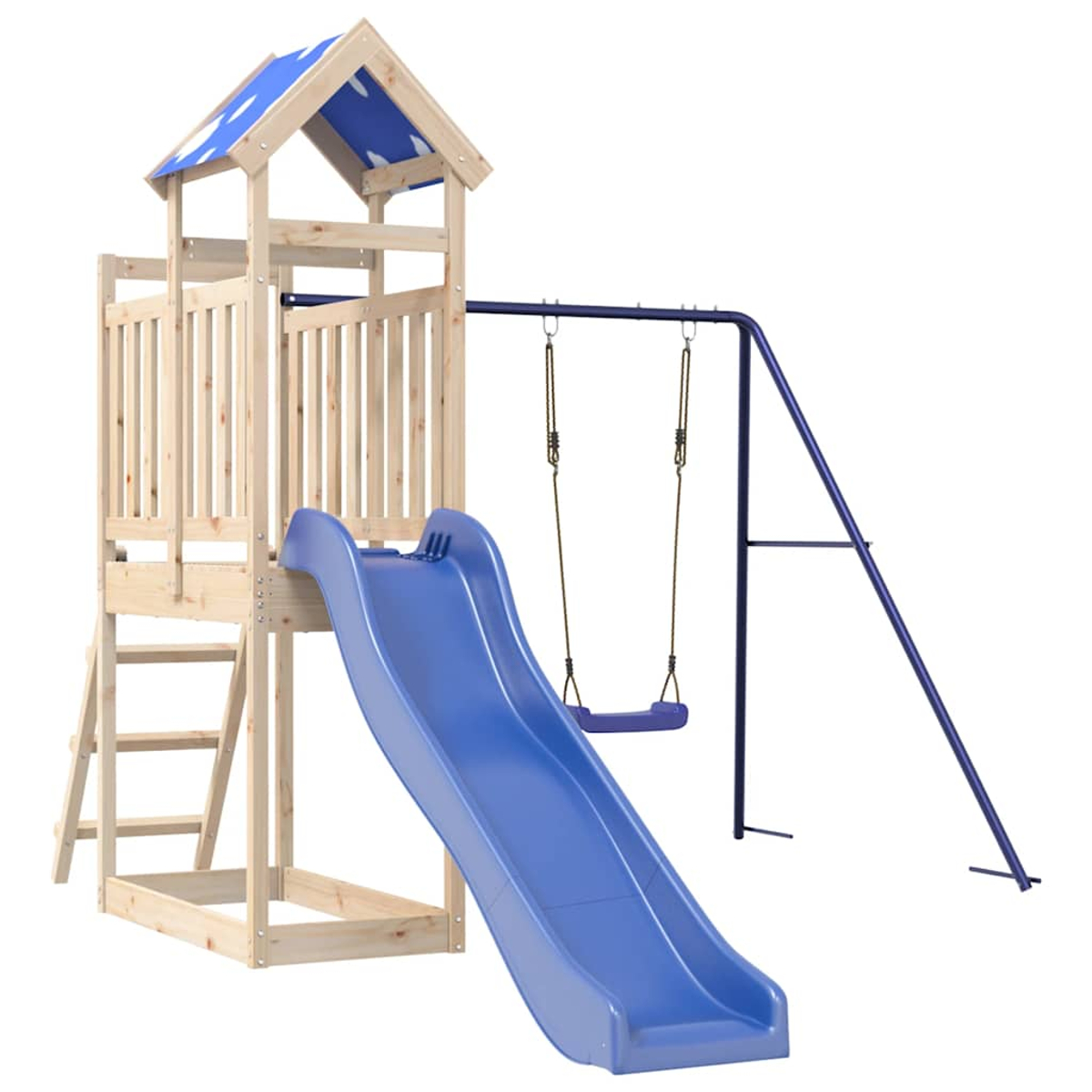 Holzspielturm mit blauer Rutsche, Schaukel und Sternendach.