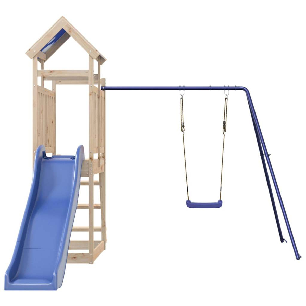 Holzspielturm mit blauer Rutsche und Schaukel.