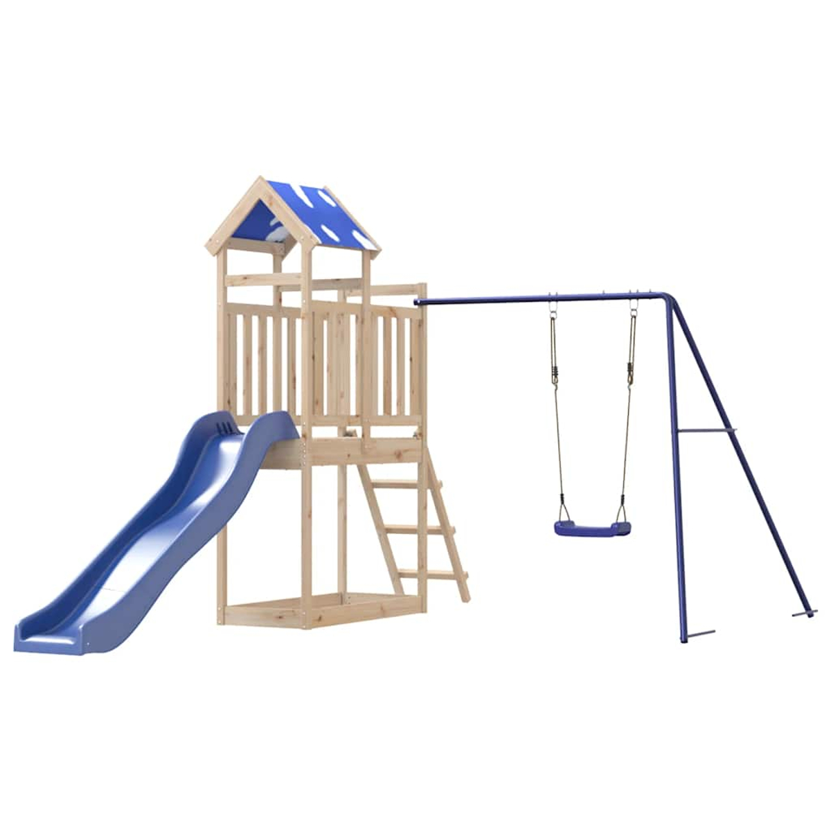 Holz-Spielturm mit blauer Rutsche und Schaukel.