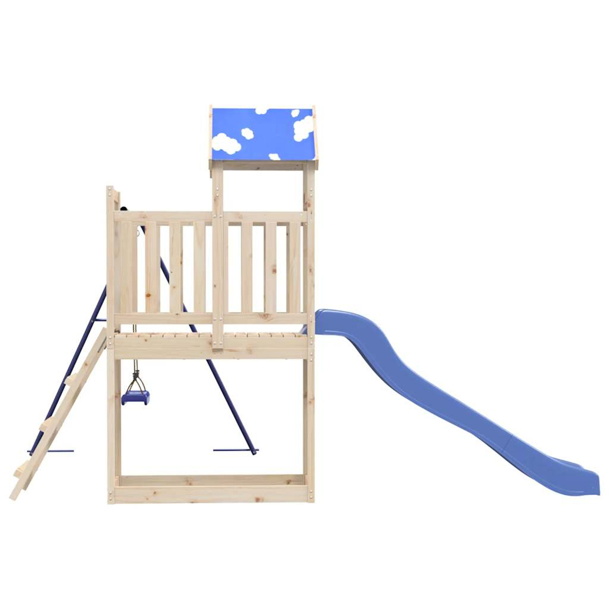 Holzspielturm mit blauer Rutsche, Leiter und Schaukel.