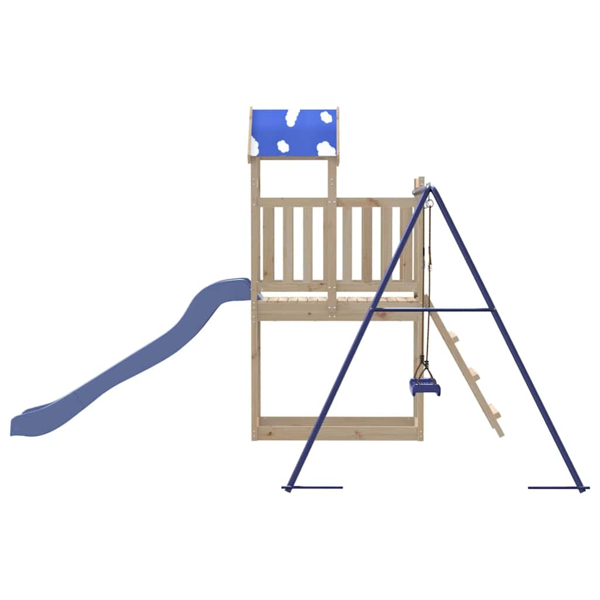 Ein Holzspielplatz mit einer blauen Rutsche, einer blauen Schaukel und einem blau-weißen Dach mit Wolkenmuster, alles auf weißem Hintergrund.