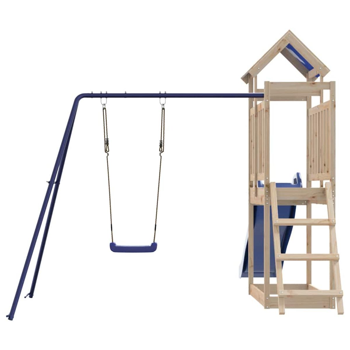 Ein hölzerner Spielturm mit einer blauen Rutsche und einer Schaukel.