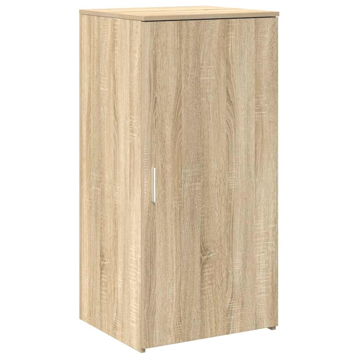 Ein schmaler, hoher Schrank aus hellem Holzimitat mit einer einzelnen Tür.