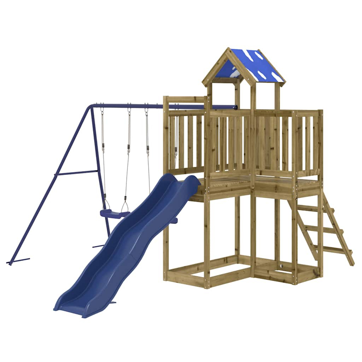 Torre da gioco in legno con scivolo blu e altalena.