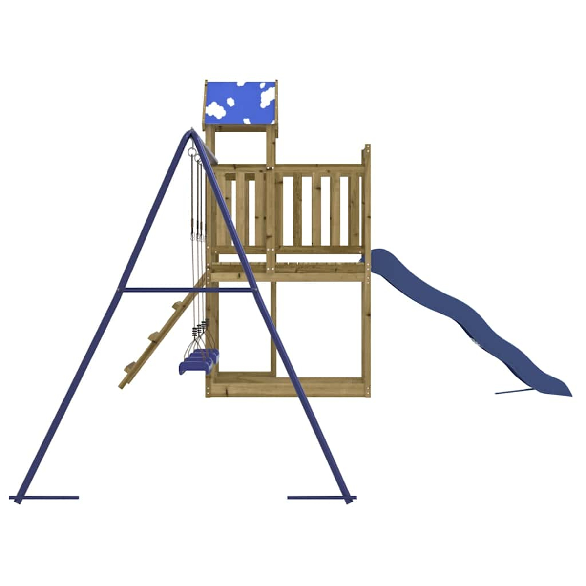 Struttura da gioco in legno con altalena blu e scivolo ondulato.