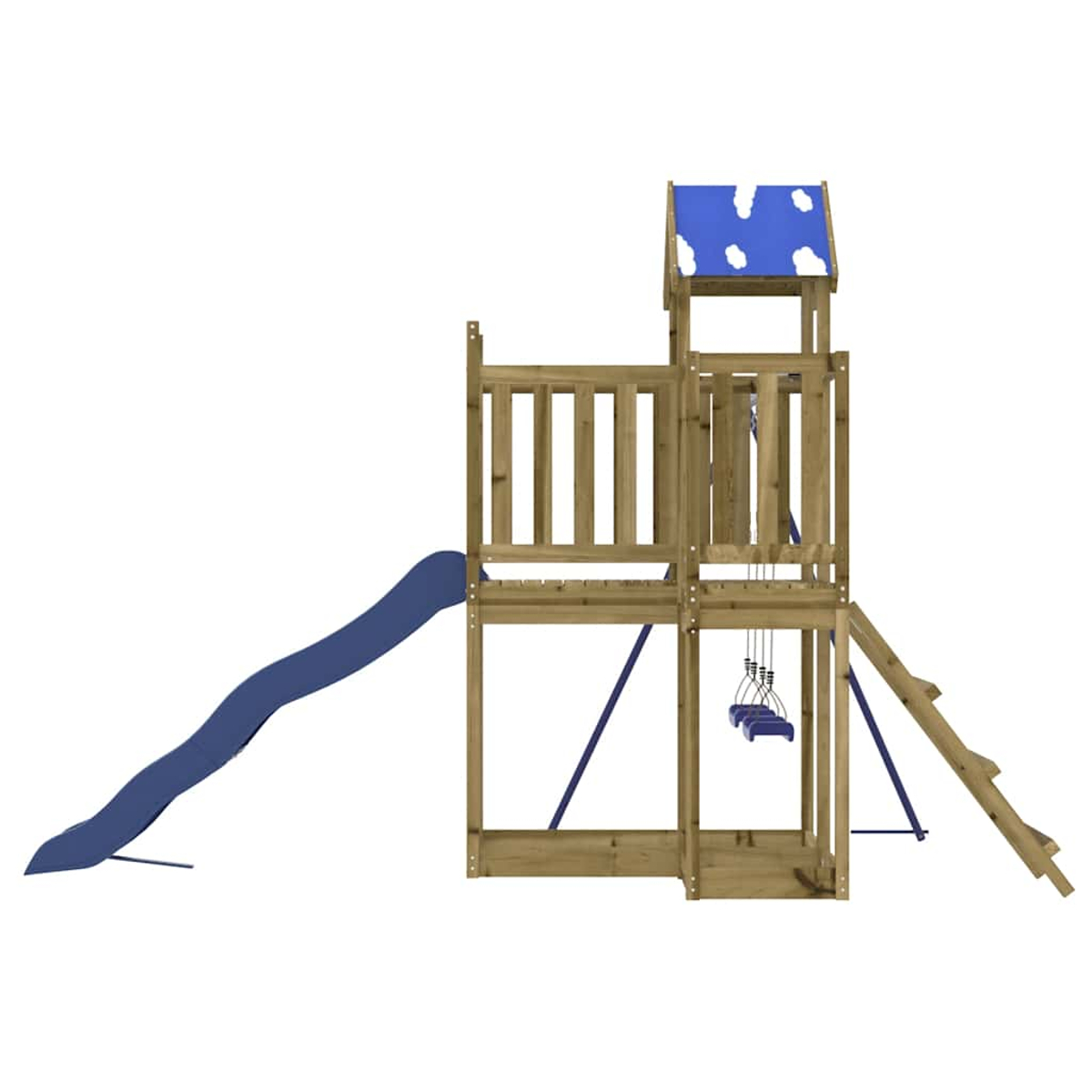 Struttura gioco in legno con scivolo blu, altalene e scaletta.