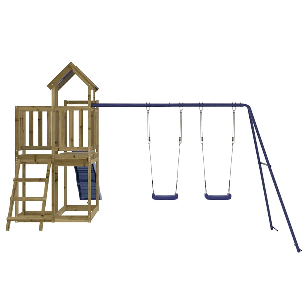 Casita in legno con tetto a dondolo blu e due altalene blu.