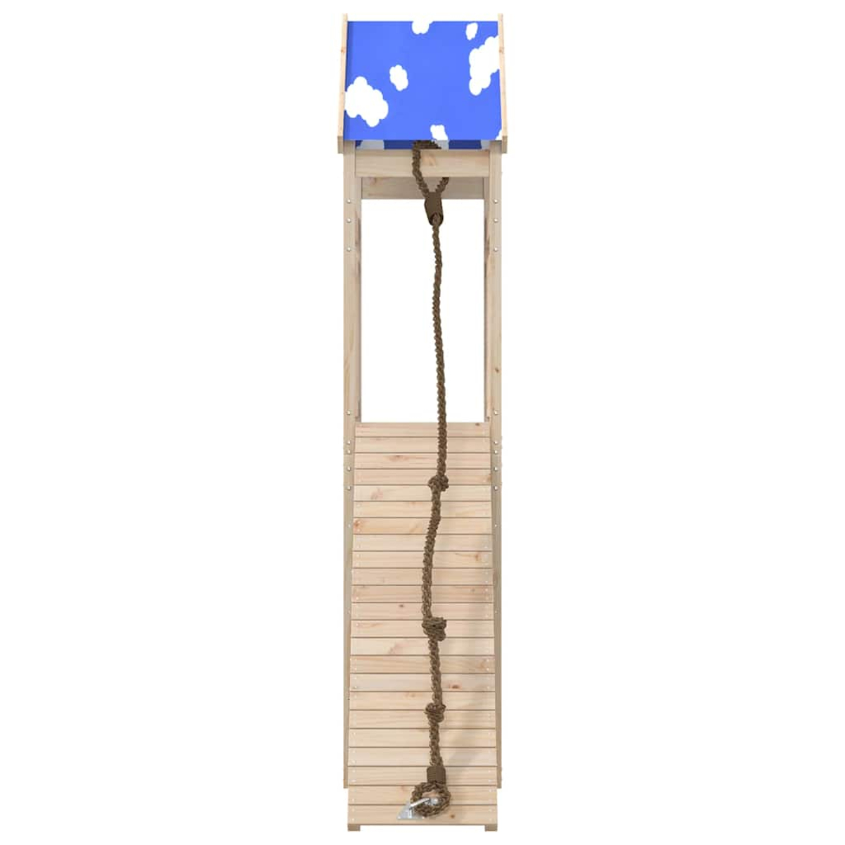 Struttura da gioco in legno con tetto blu e corda appesa.