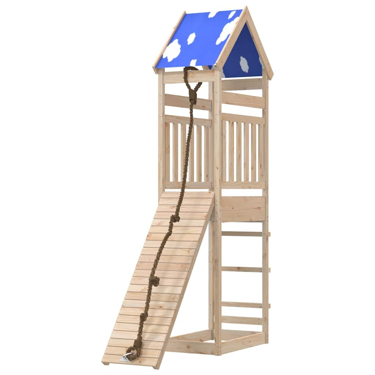 Torre da gioco in legno con tetto blu a nuvole, rampa e corda.