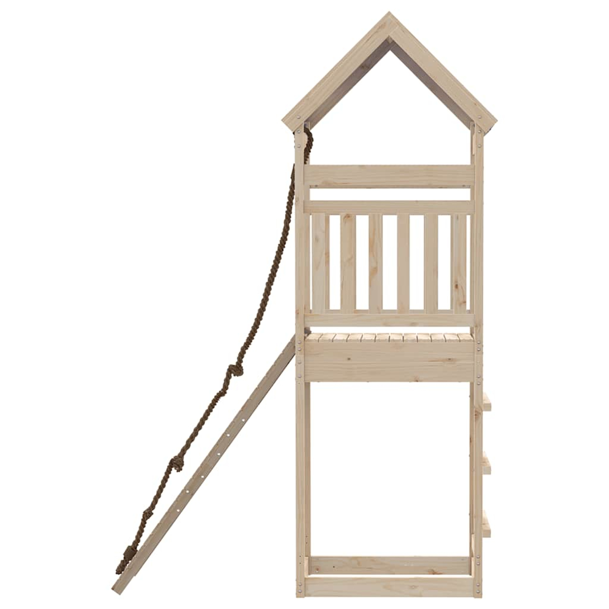 Una casa gioco in legno con scala e corda, su sfondo bianco.