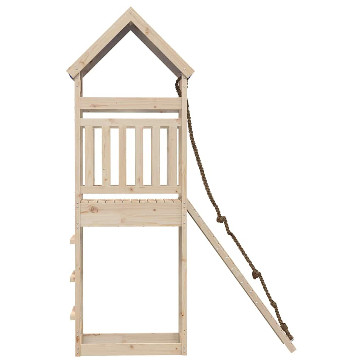 Una casa giochi in legno con tetto, scala e corda.