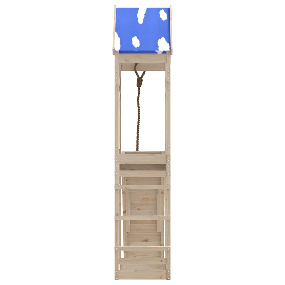 Struttura in legno con corda e tetto blu con nuvole bianche, sfondo bianco
