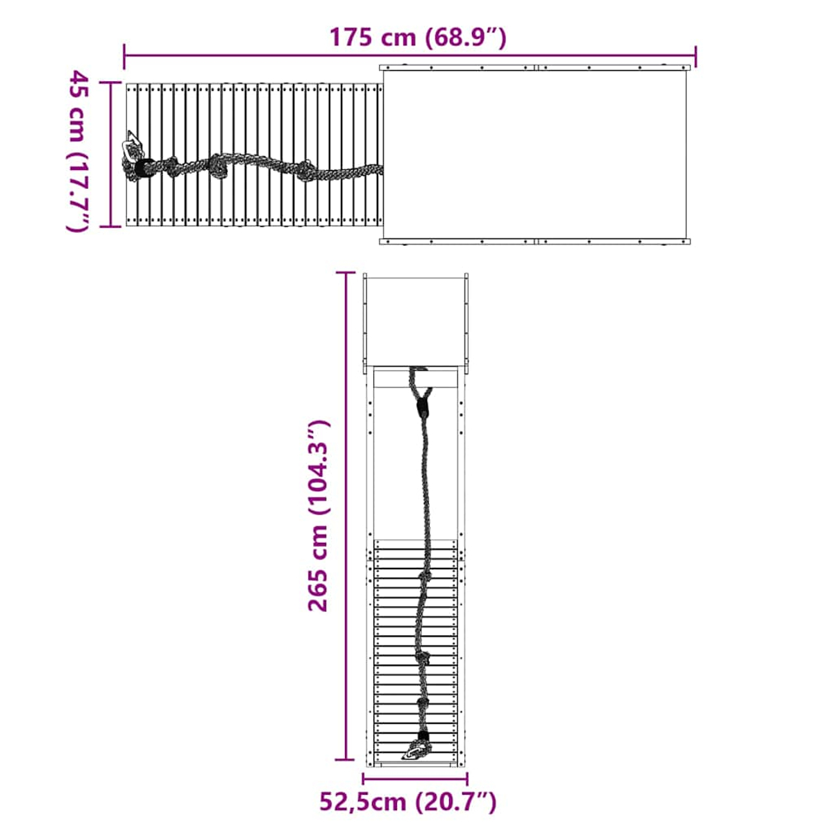 Un diagramma verticale e orizzontale di una struttura da arrampicata con corda e pioli.