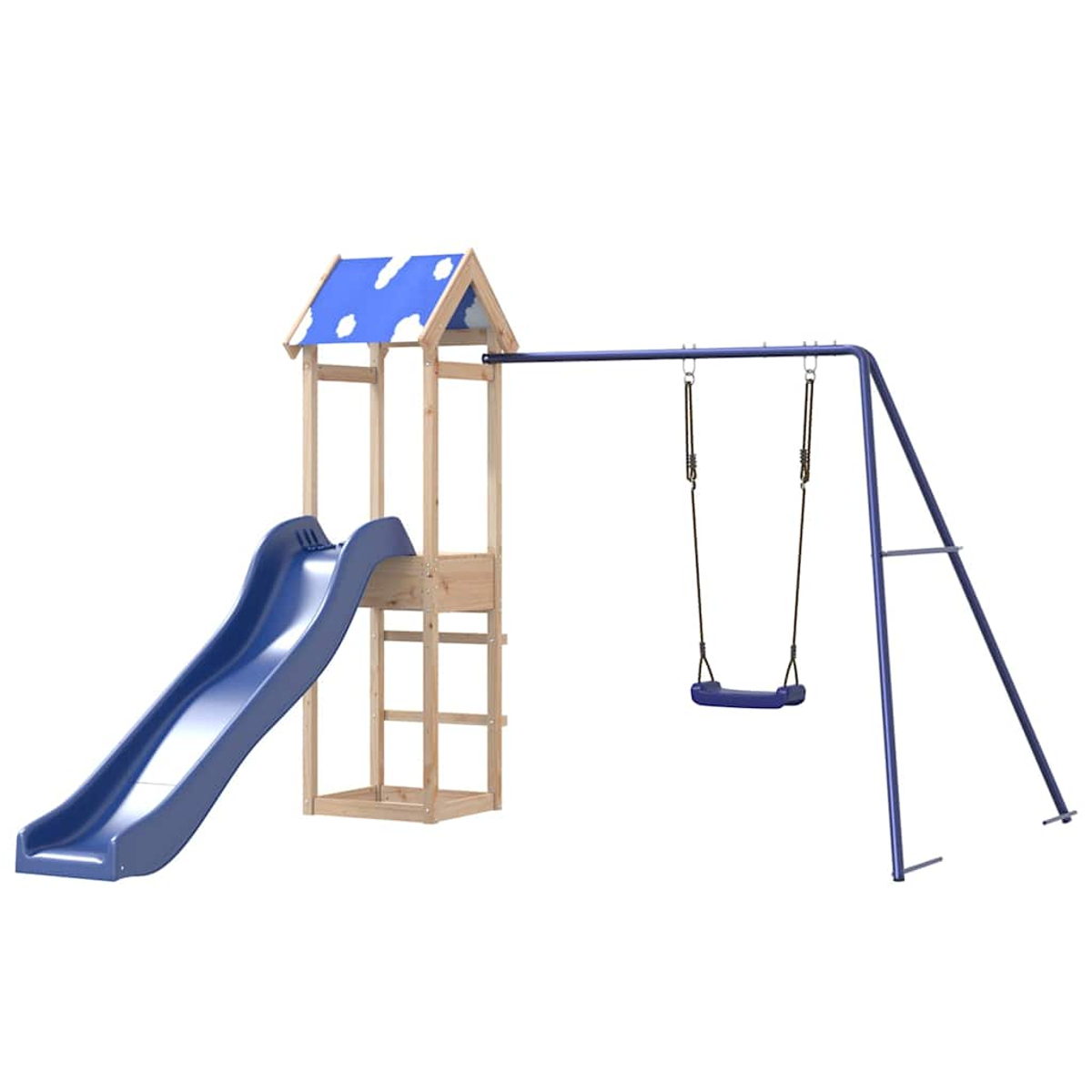 Holzspielturm mit blauer Rutsche und Schaukel unter blau-weißem Dach.