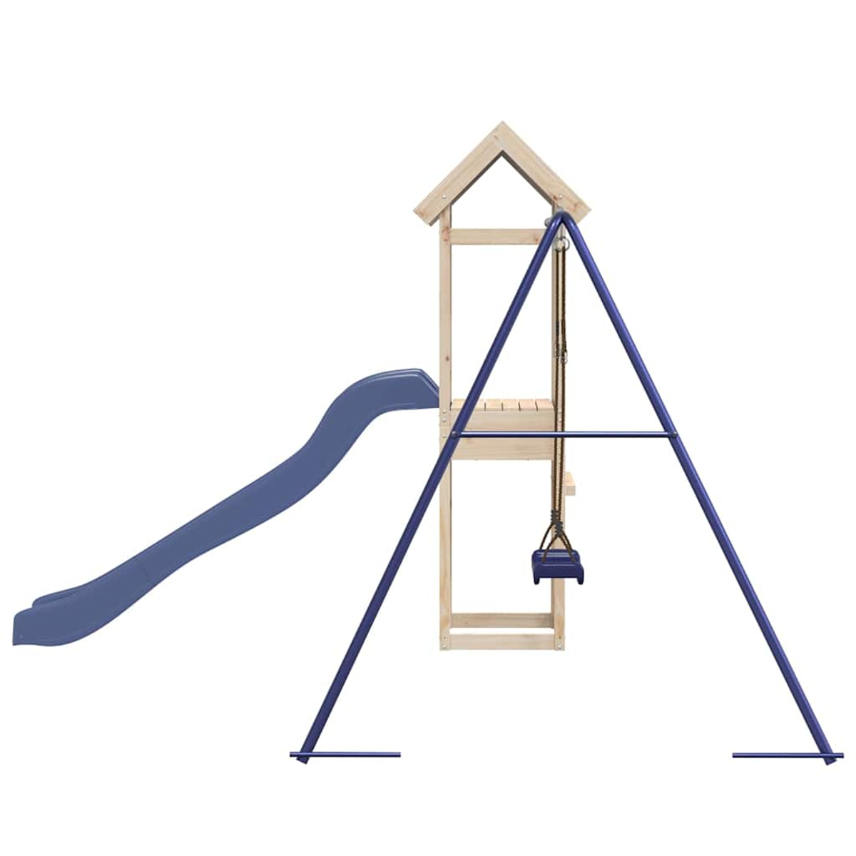 Ein Holzspielturm mit einer blauen Rutsche und einer blauen Schaukel.