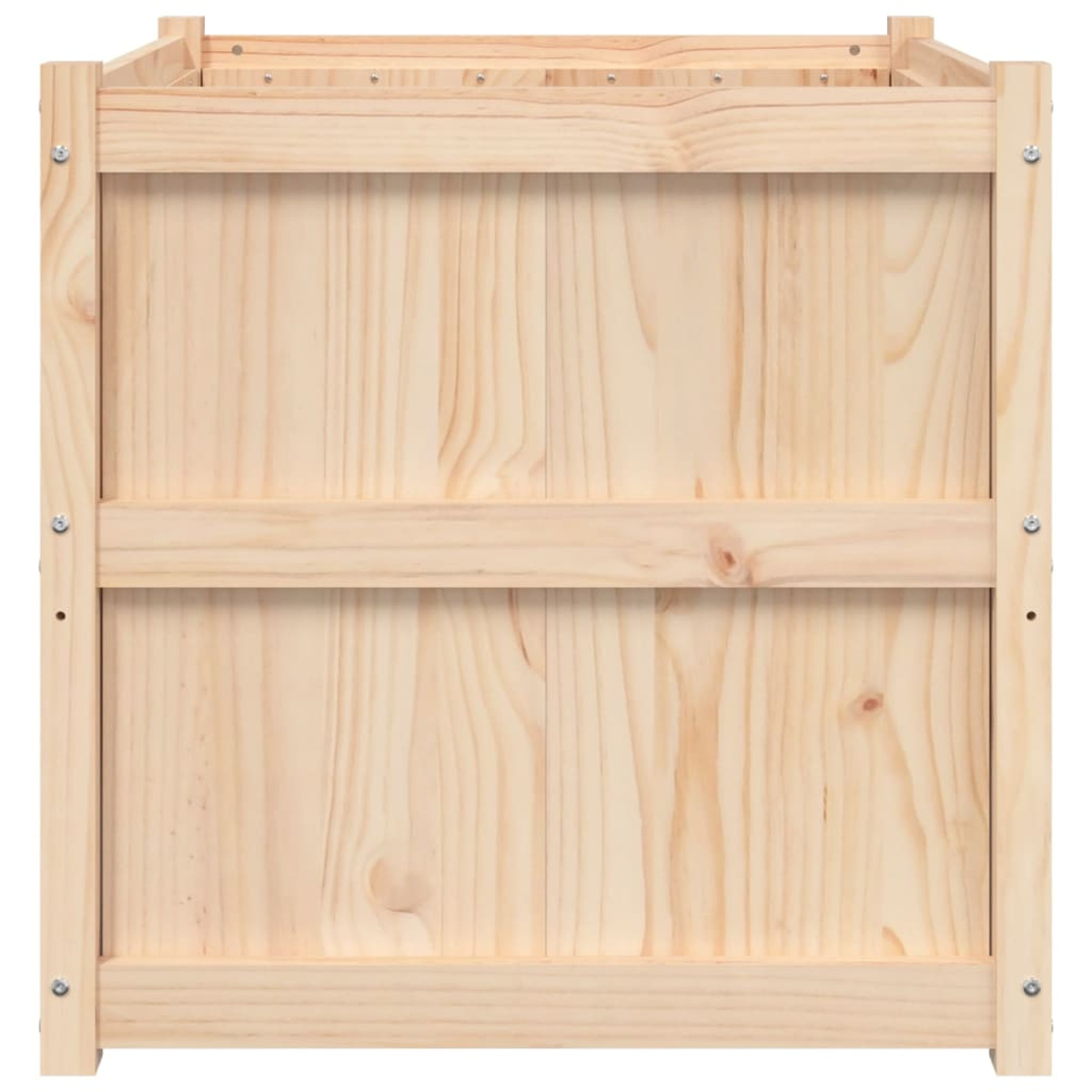 Ein Holzkasten aus hellen Kiefernholzbrettern, zusammengeschraubt.