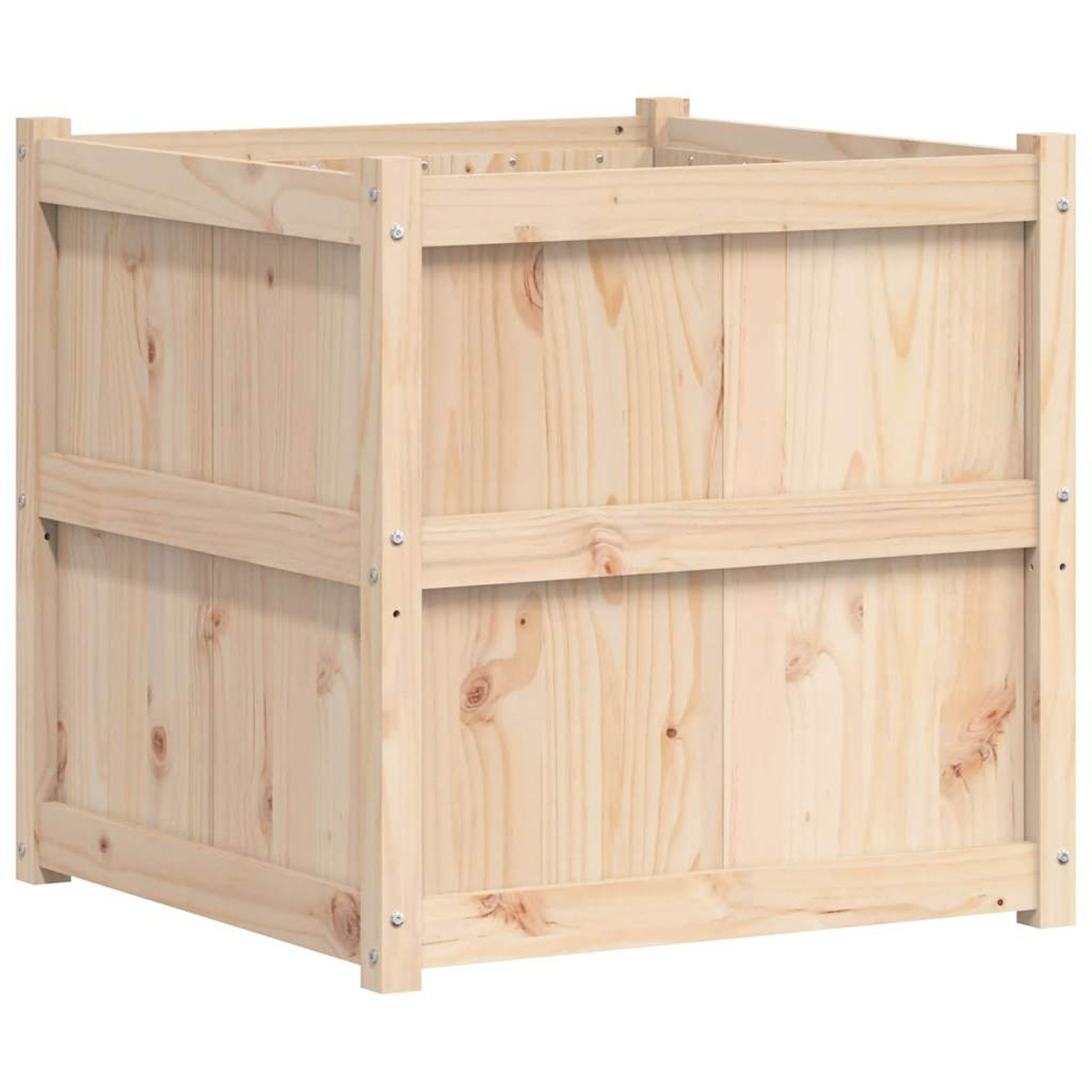 Ein rechteckiger Holzkasten aus Kiefernholz mit vertikalen Brettern und horizontalen Streben.