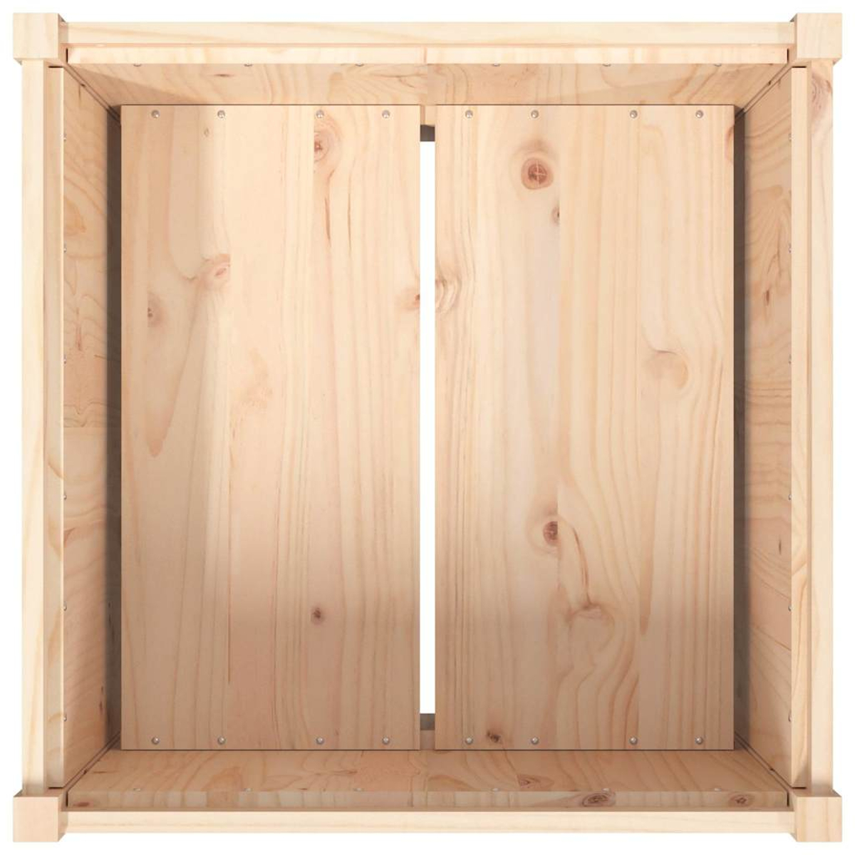 Holzkiste mit zwei Holztüren und sichtbarer Holzmaserung.