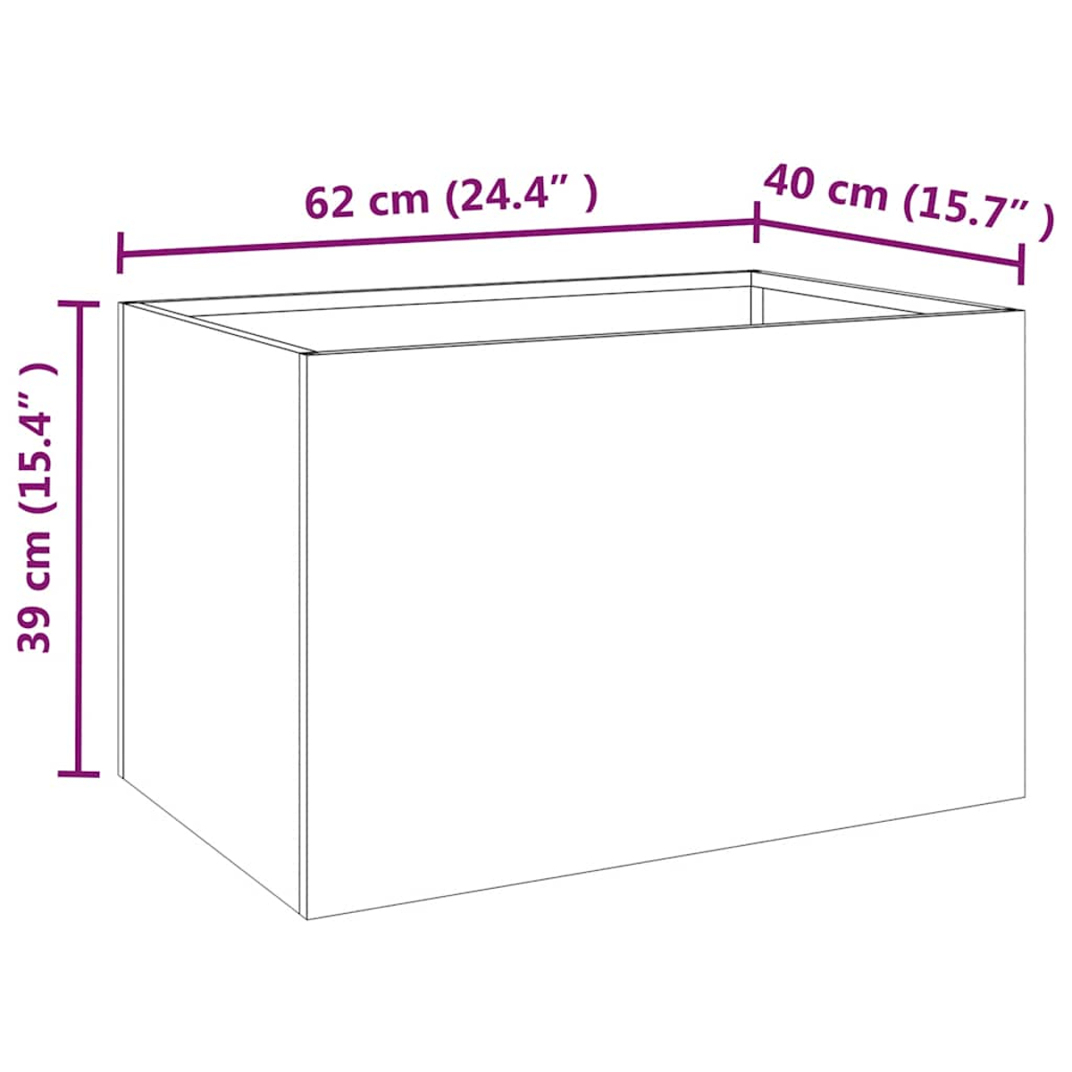 Zeichnung eines rechteckigen Kastens mit Maßen: 39cm Höhe, 62cm Länge, 40cm Breite.