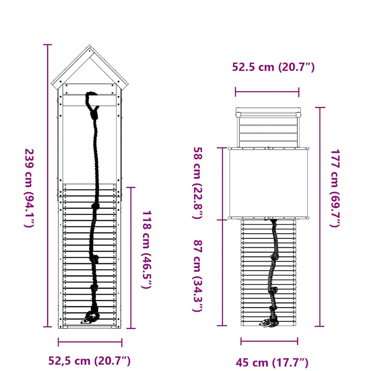 Zwei schematische Darstellungen von Klettergerüsten mit Maßen.