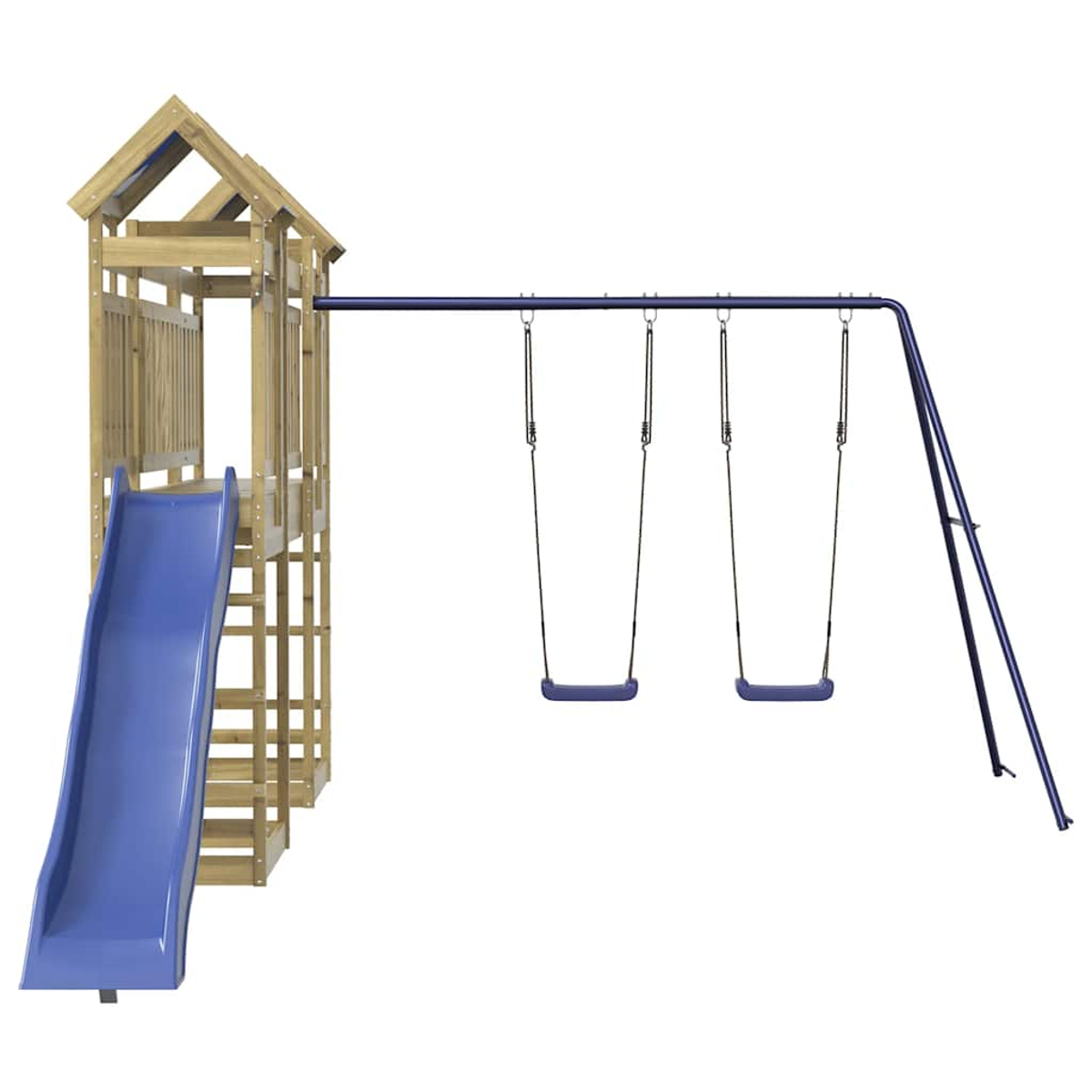 Holzspielturm mit blauer Rutsche und zwei Schaukeln an einem blauen Gestell.