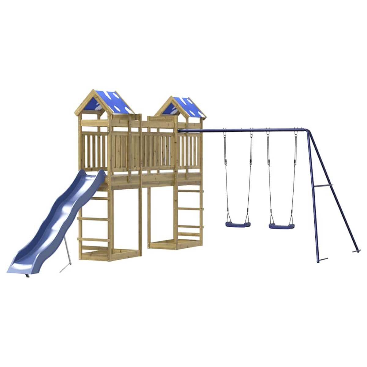 Ein hölzerner Spielturm mit zwei Dächern, einer Rutsche und zwei Schaukeln.