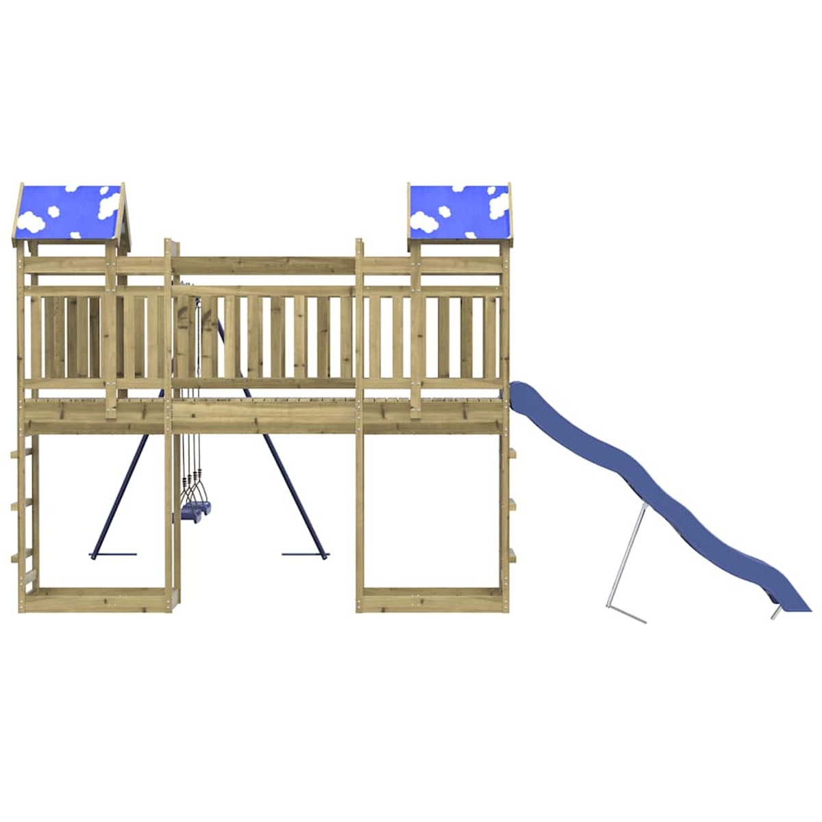 Ein hölzerner Spielturm mit Rutsche, Schaukeln und Wolkenmotiven.
