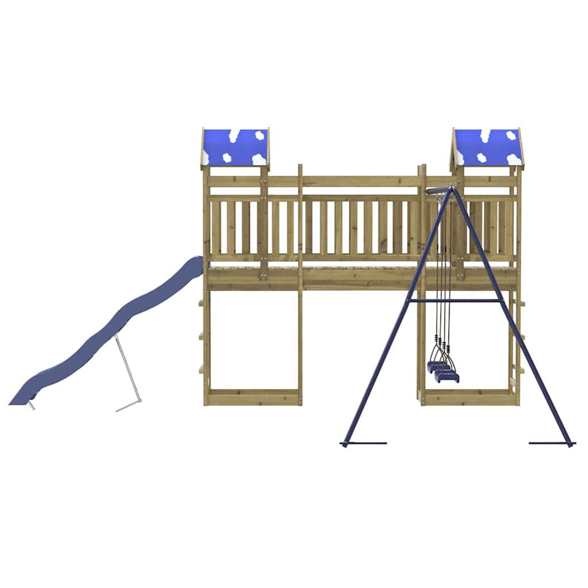 Ein hölzerner Spielplatz mit Rutsche und Schaukeln.