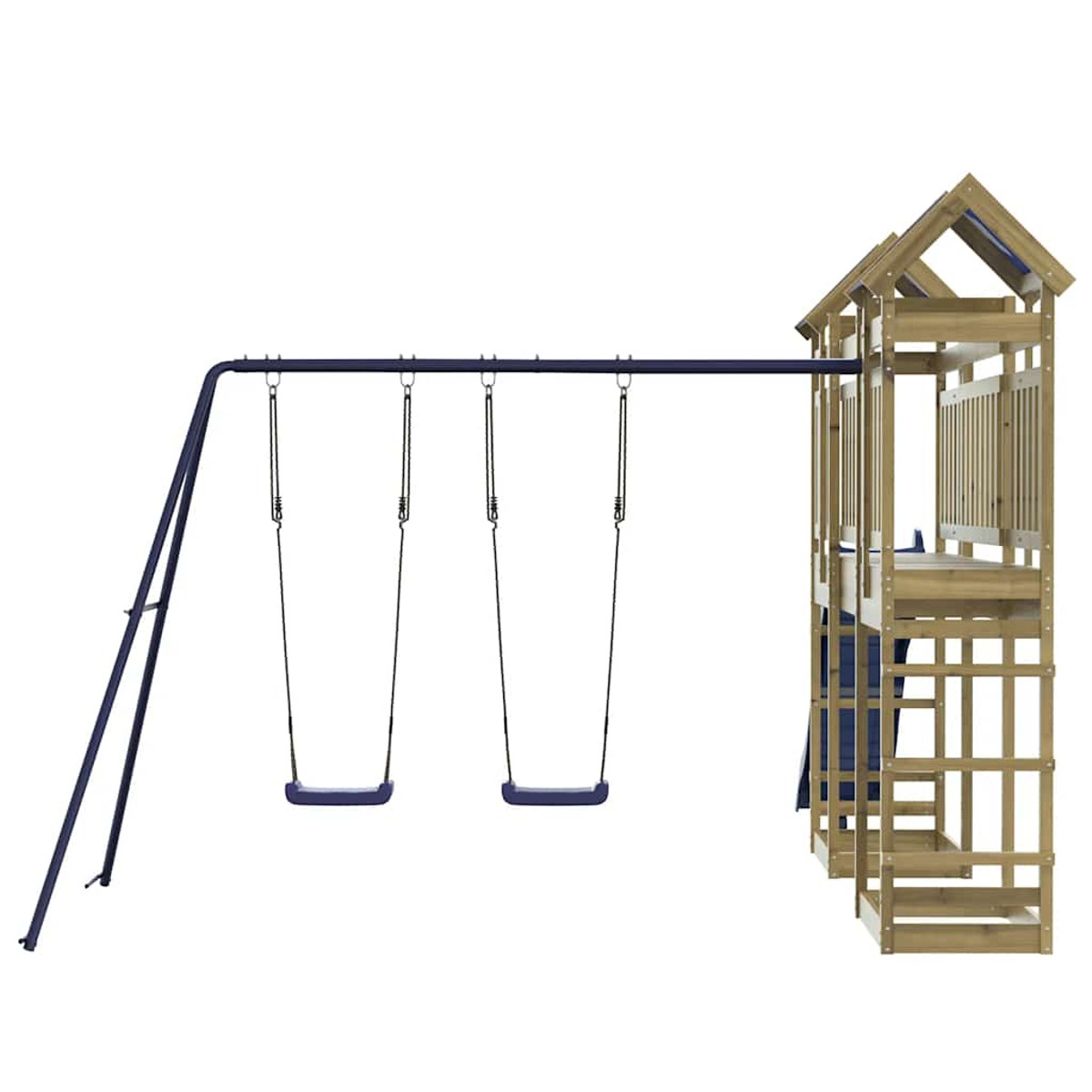 Ein hölzerner Spielturm mit Schaukeln und einer Leiter.