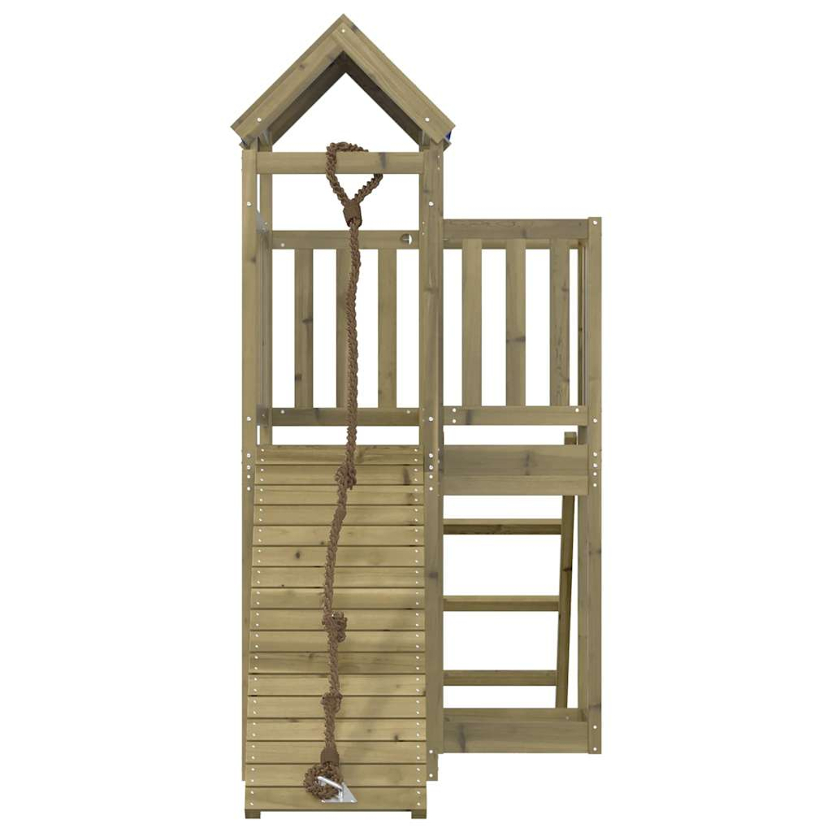 Holz-Klettergerüst mit Seil, Leiter und Dach.