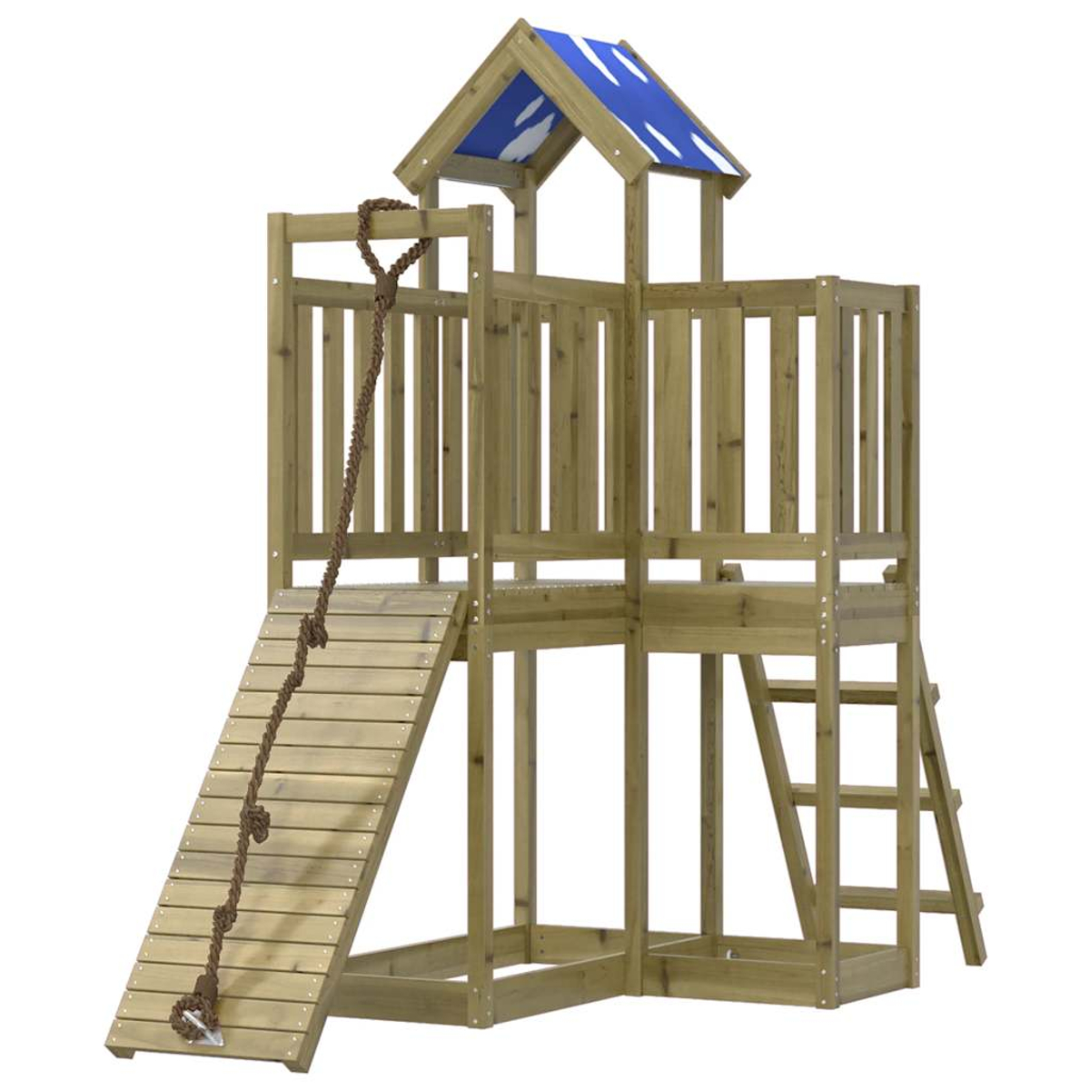 Ein hölzerner Spielturm mit Rutsche, Seil und Leiter auf weißem Hintergrund.