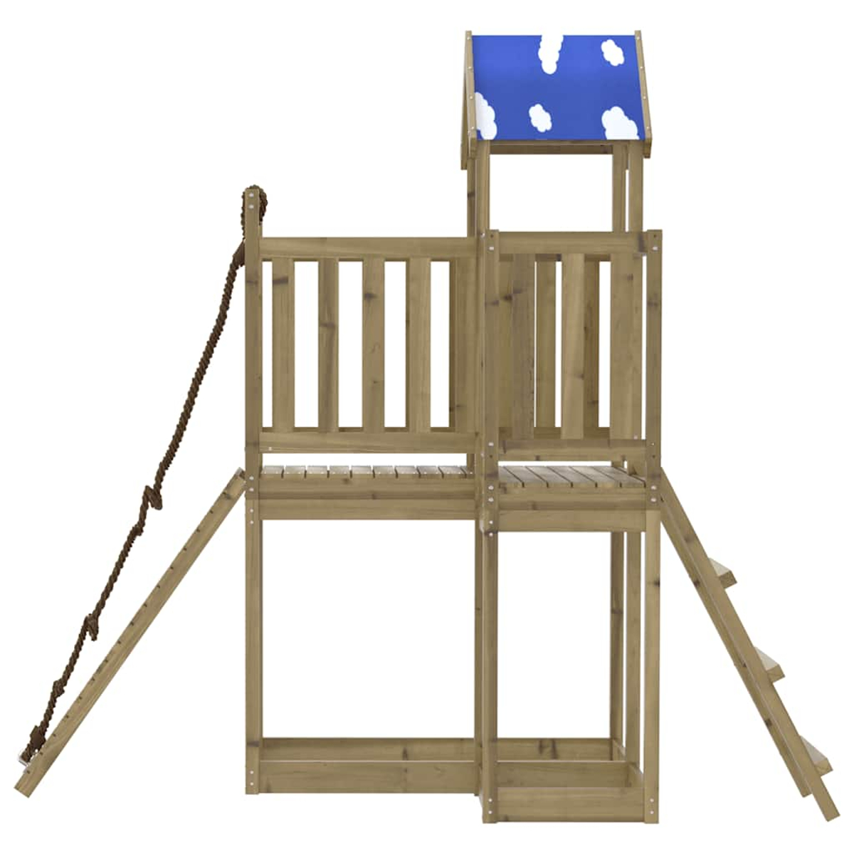 Ein hölzerner Spielturm mit blauer Dachabdeckung und weißen Wolken.