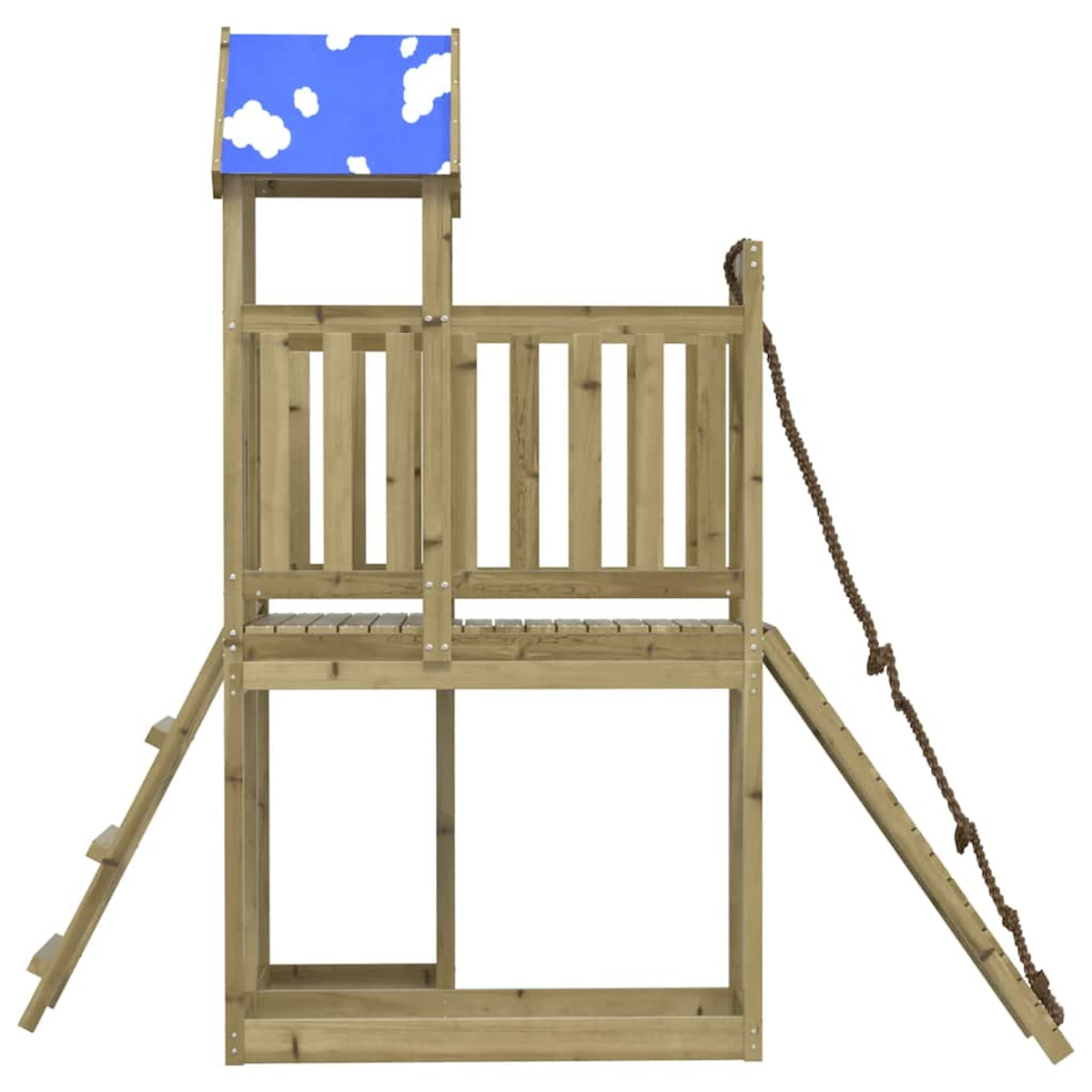 Ein hölzerner Spielturm mit Leiter, Seil und blauem Dach mit Wolken.