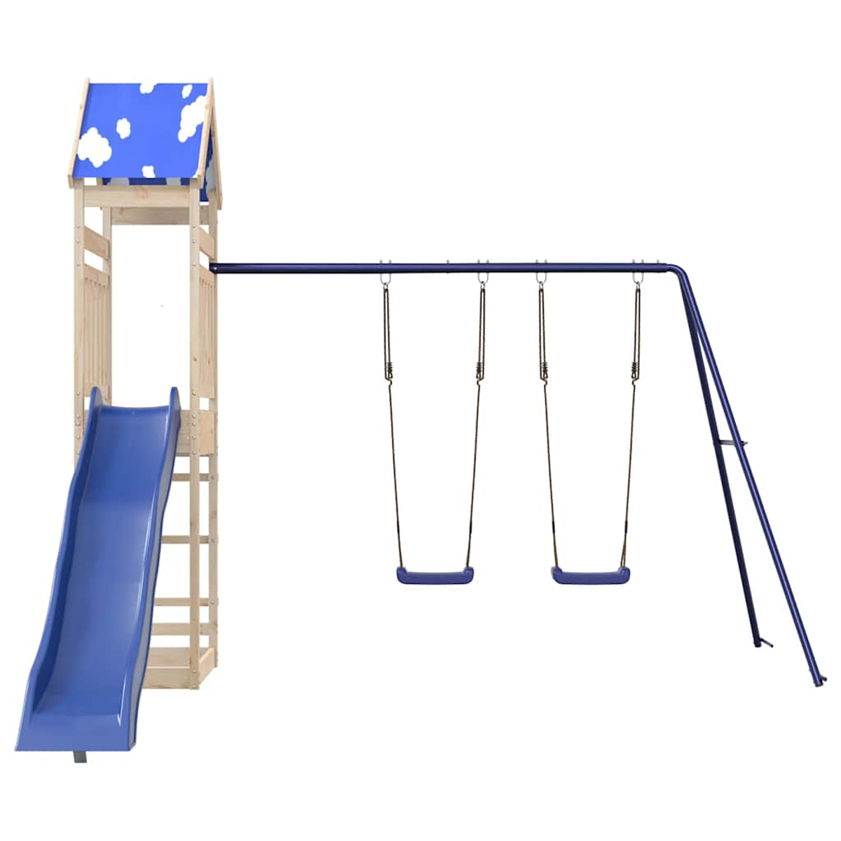 Ein hölzerner Spielturm mit blauer Rutsche und zwei Schaukeln.
