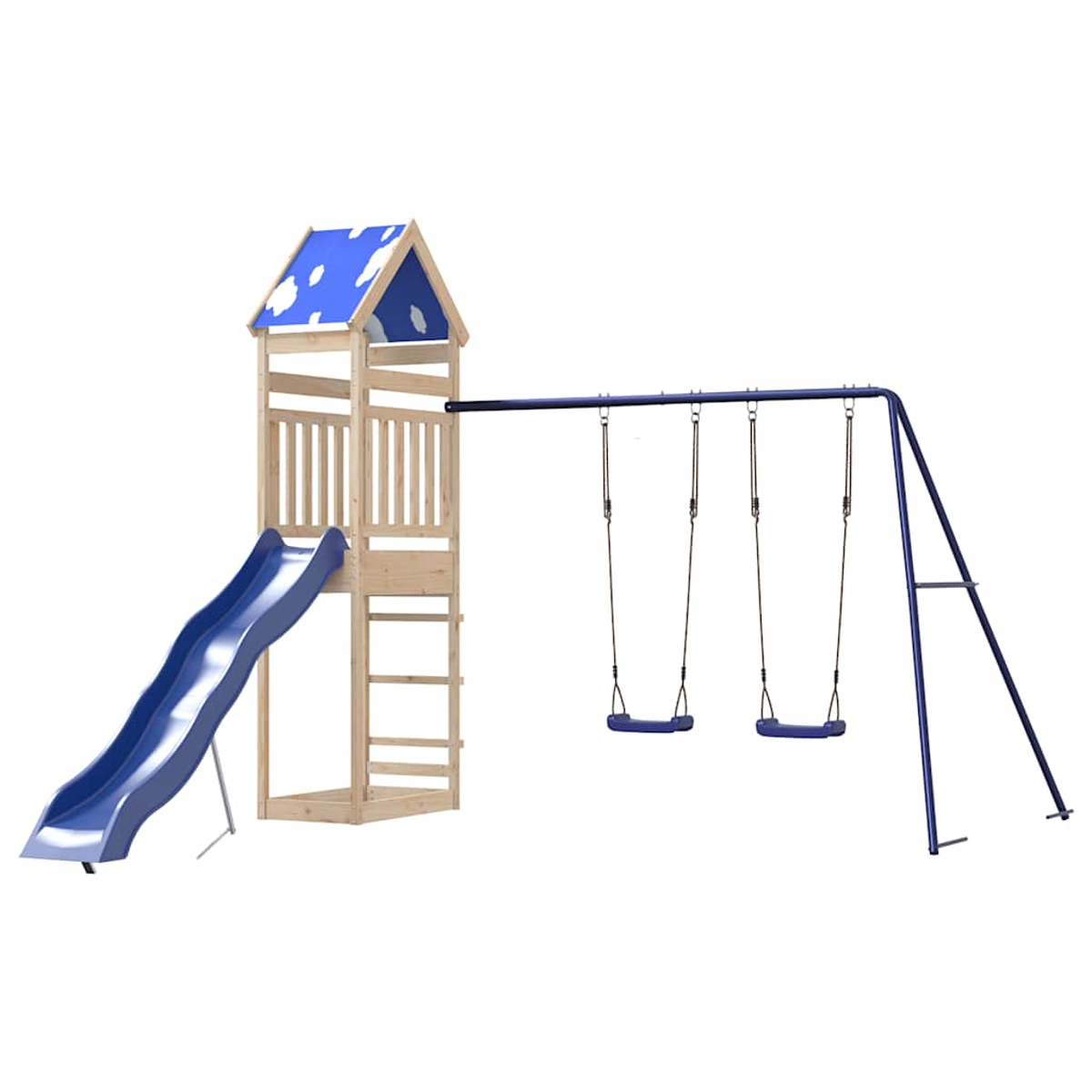 Holzspielturm mit blauer Rutsche und Schaukelgestell mit zwei Schaukeln.