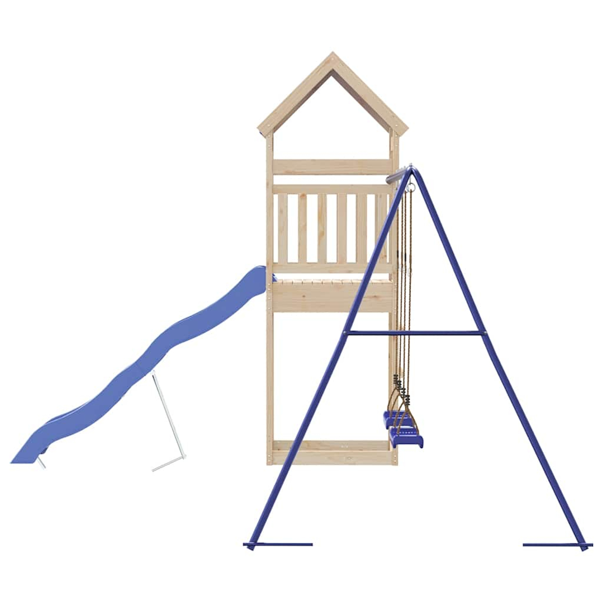 Holzspielturm mit blauer Rutsche und Schaukeln.