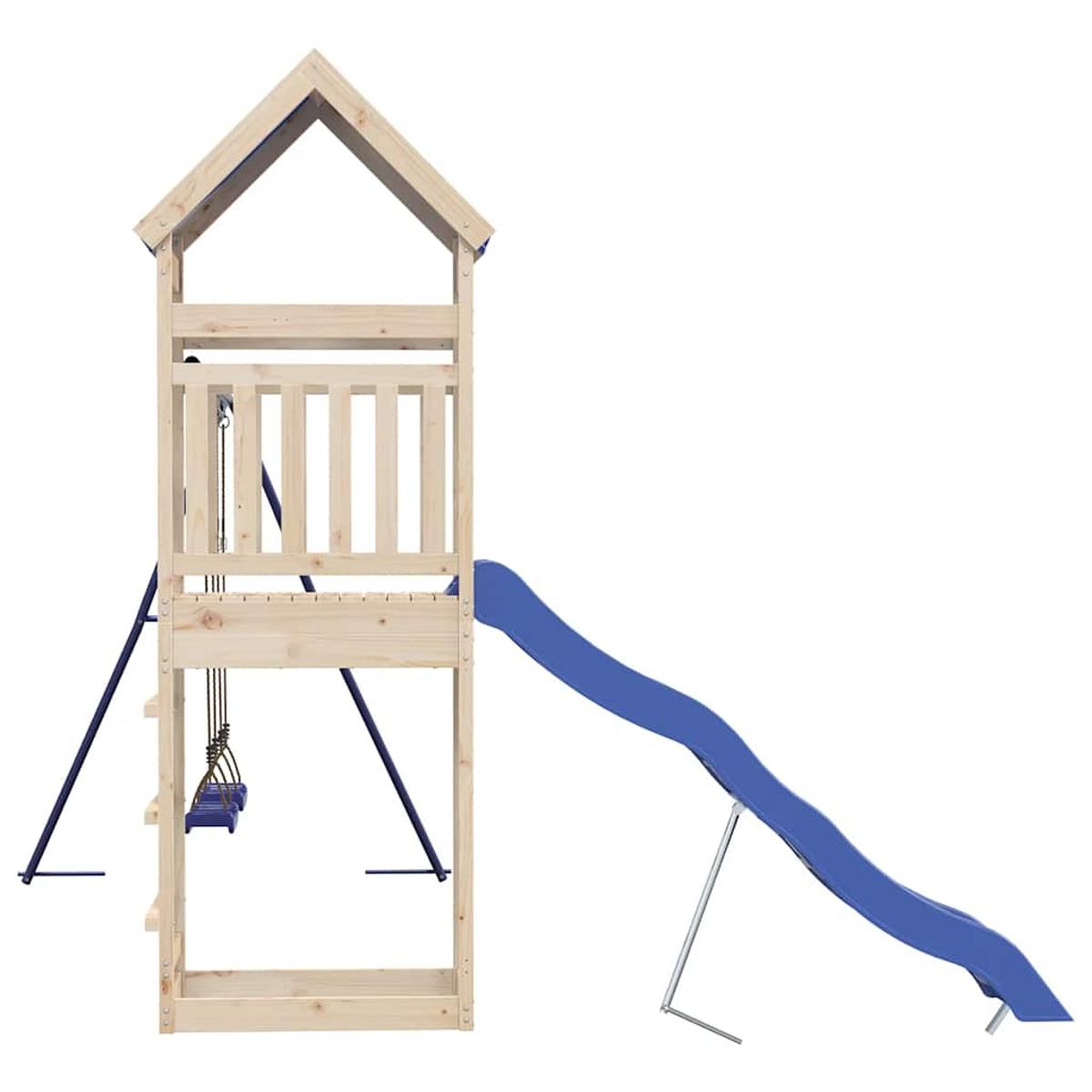 Holzspielturm mit Rutsche und Schaukeln, weißer Hintergrund.