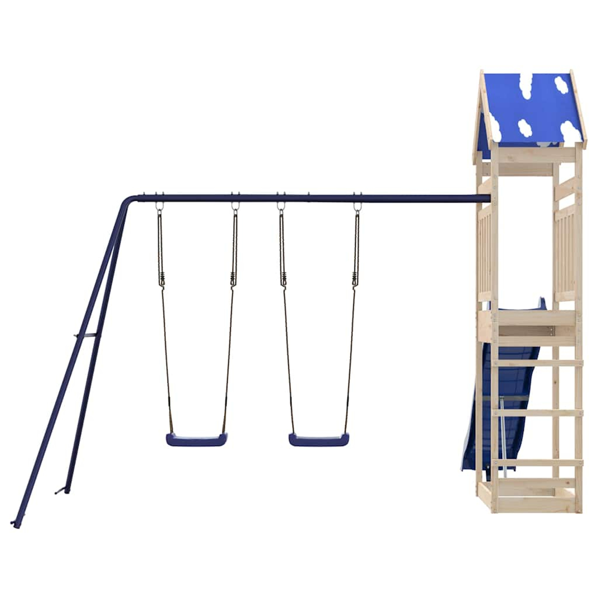 Ein hölzerner Spielturm mit Rutsche und zwei blauen Schaukeln.