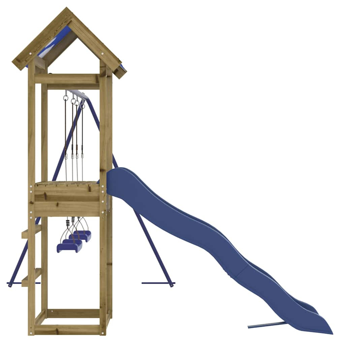Holzspielturm mit Rutsche, Schaukeln und Kletterwand.
