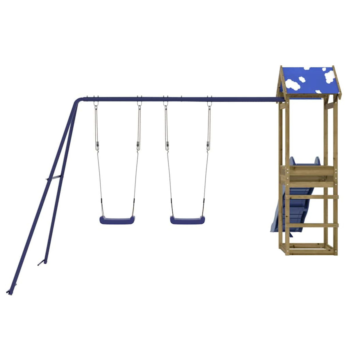 Ein Spielgerüst mit zwei Schaukeln und einer Rutsche, blau und naturfarben.