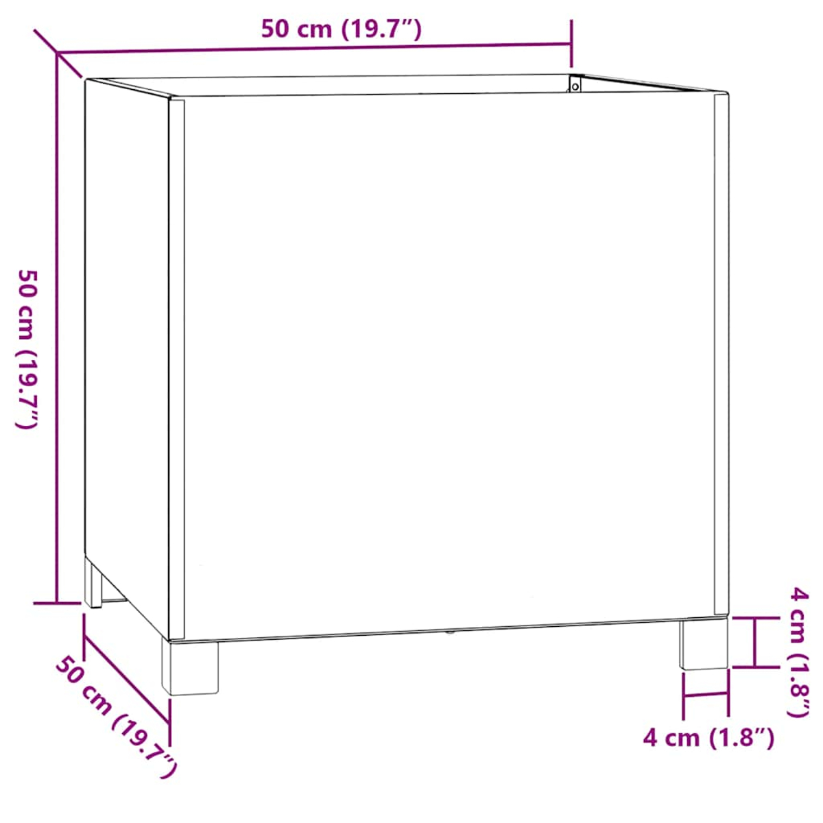 Ein weißer Würfel mit Maßen 50x50x50 cm und 4 cm hohen Füßen.