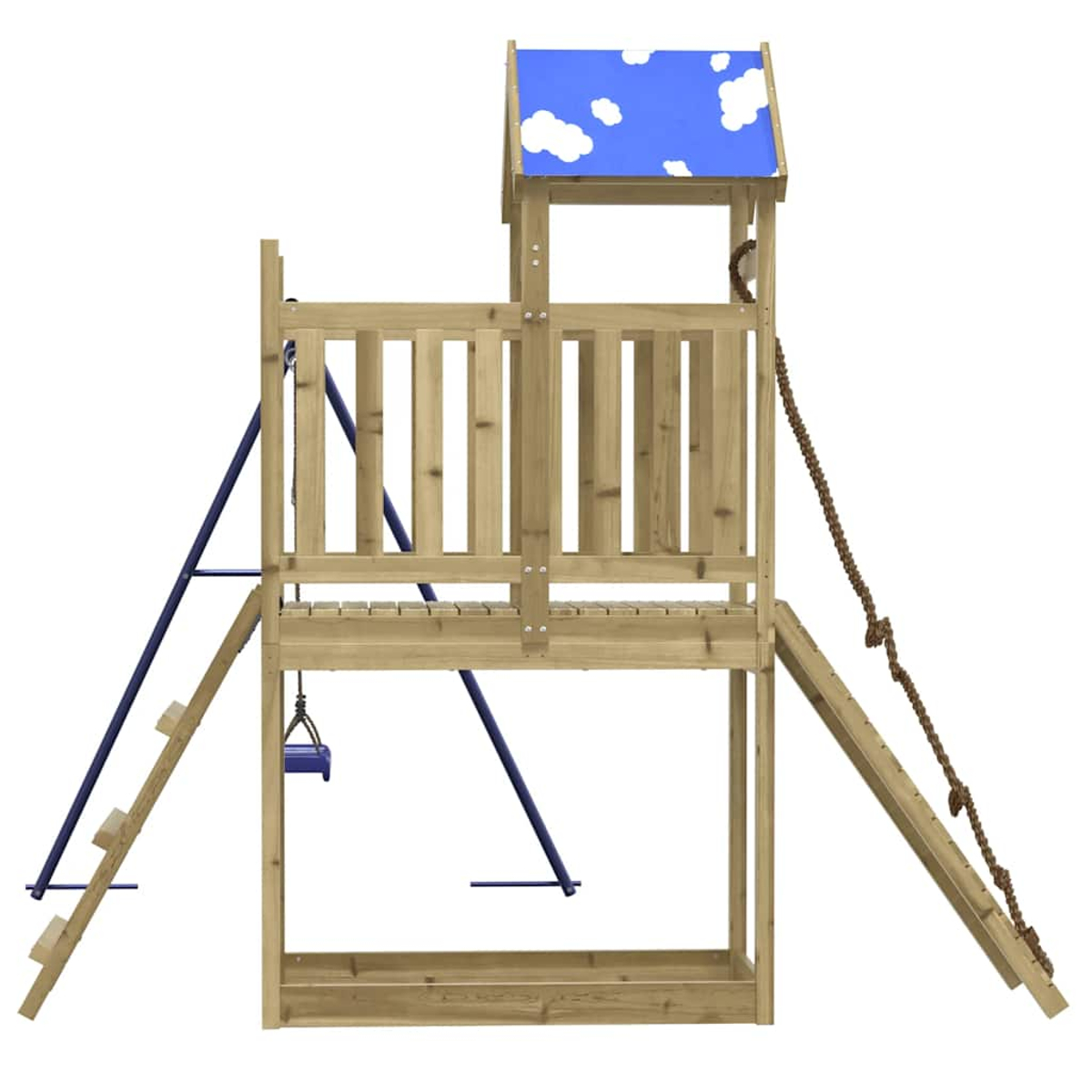 Holzspielturm mit Leiter, Schaukel und Seil. Blaue Dach mit Wolken.