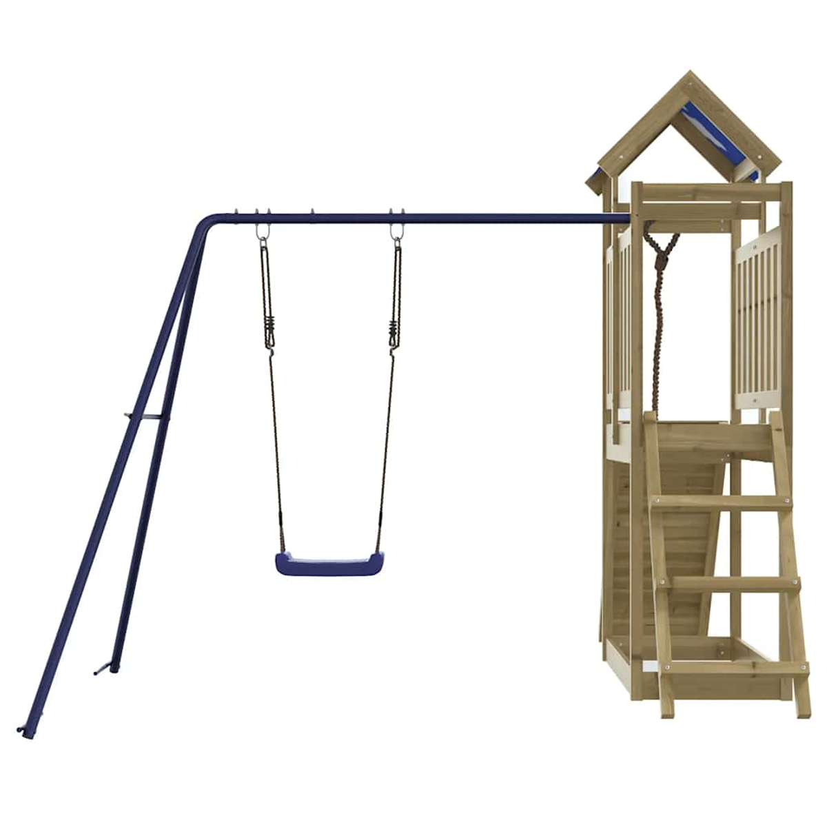 Holzspielturm mit Schaukel. Blaue Schaukel hängt an blauem Metallgestell.