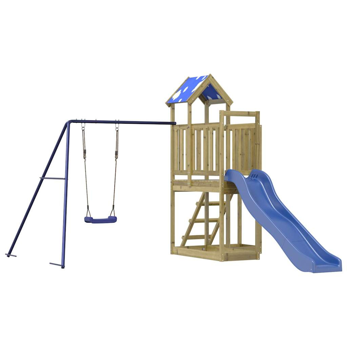 Holzspielturm mit Schaukel und blauer Rutsche.
