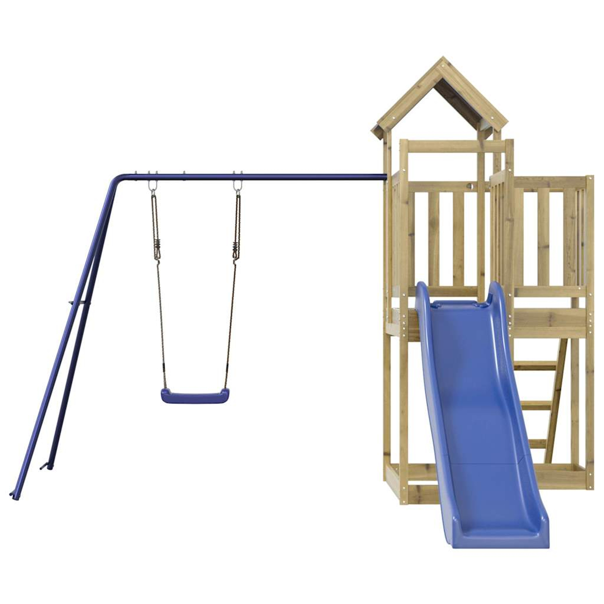 Ein hölzerner Spielturm mit einer blauen Rutsche und einer blauen Schaukel.