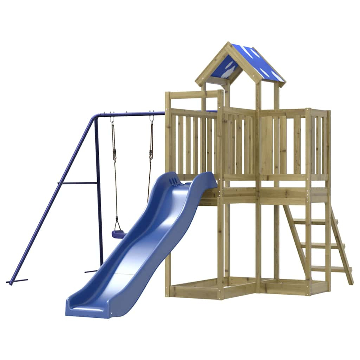 Ein Holzspielturm mit Rutsche und Schaukel. Auf weißem Hintergrund.